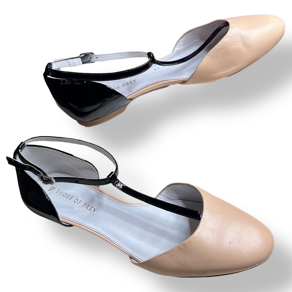 Shoes of Prey Women's‎ Tan Black Patent Leather T Strap Ballet Flats Size 11.5 W
